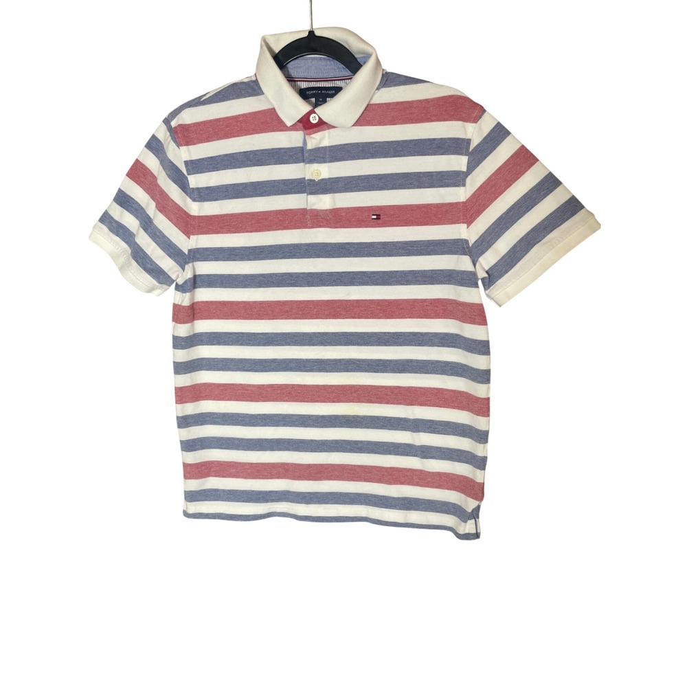 Tommy Hilfiger Mens M Classic Fit Striped Polo Shirt Red White Blue Short Sleeve